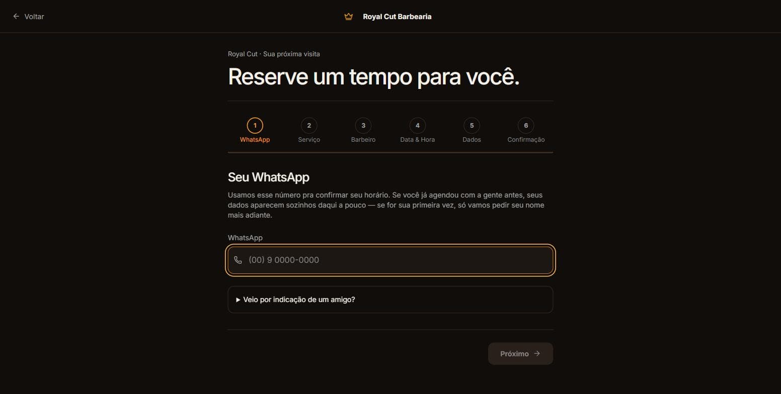 Fluxo de agendamento dividido em seis etapas numeradas.