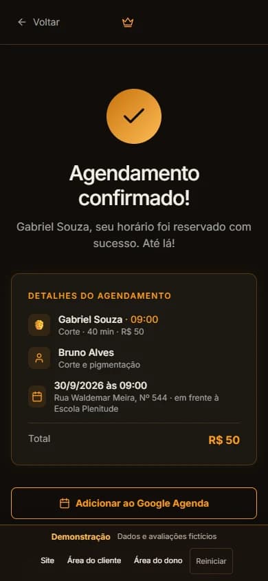 Confirmação de agendamento da Royal Cut no celular com os detalhes da reserva.